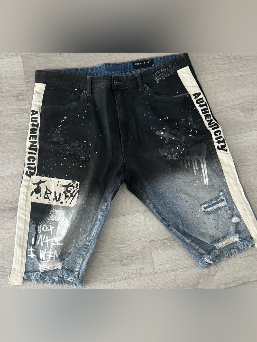 Men’s Black Distressed Denim Shorts with Graphic Panel